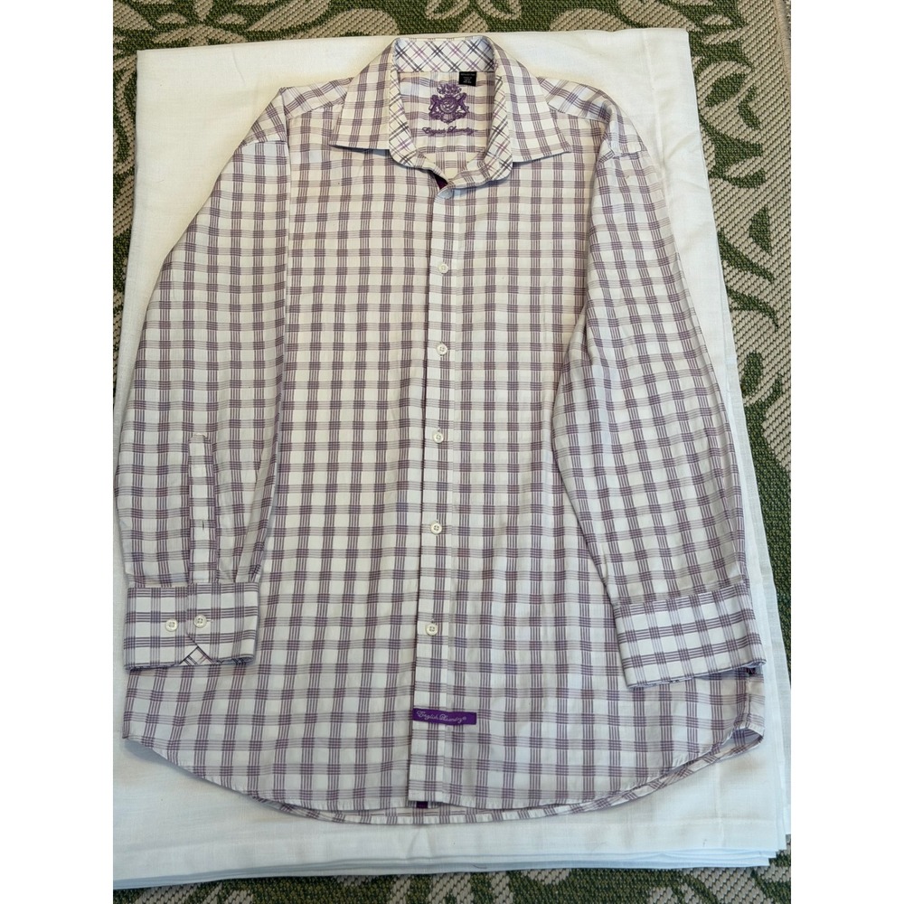 English‎ Laundry Mens Purple White Plaid Button Down Shirt 16.5 32/33 Cotton